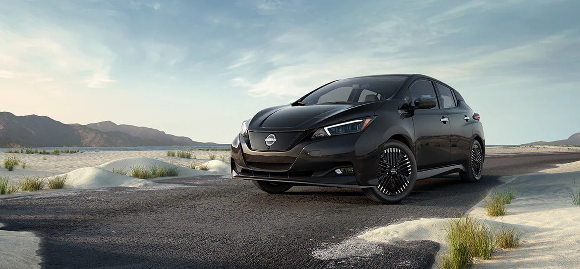 A black 2025 Nissan Leaf parked in a scenic outdoor location, illustrating the stylish exterior design and aerodynamic profile.