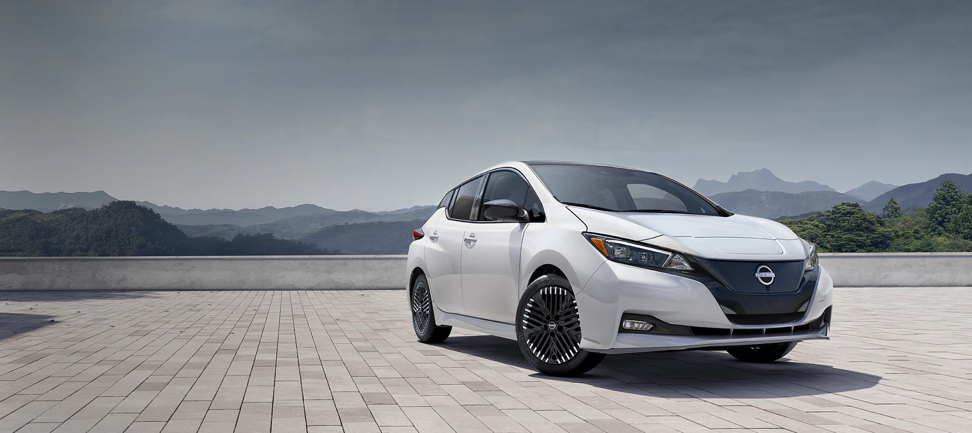 A white 2025 Nissan Leaf parked in an open, scenic location with mountains in the background, showcasing its sleek exterior design.