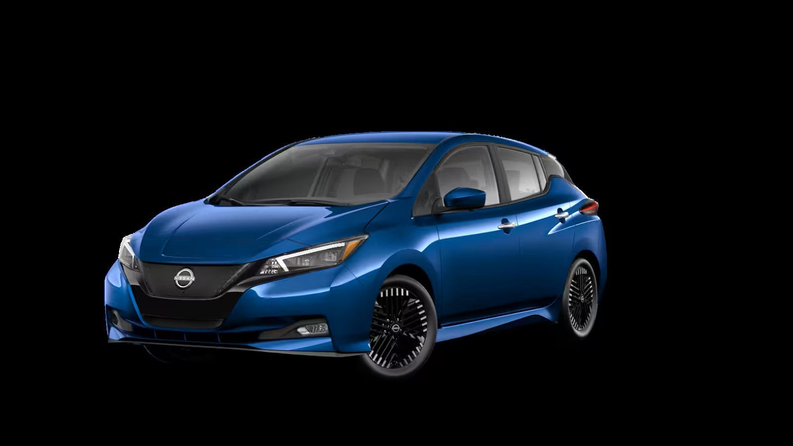 A blue 2025 Nissan Leaf SV Plus against a black background, highlighting its modern styling and distinctive body lines.