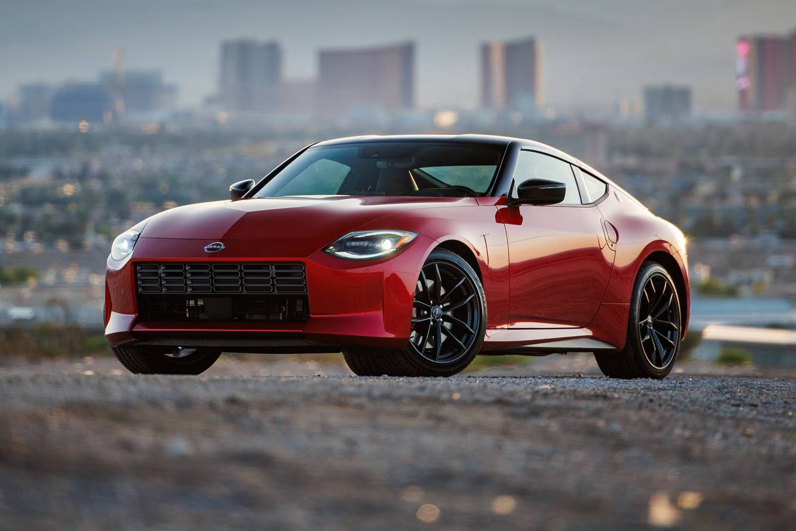 A red car sitting parked.